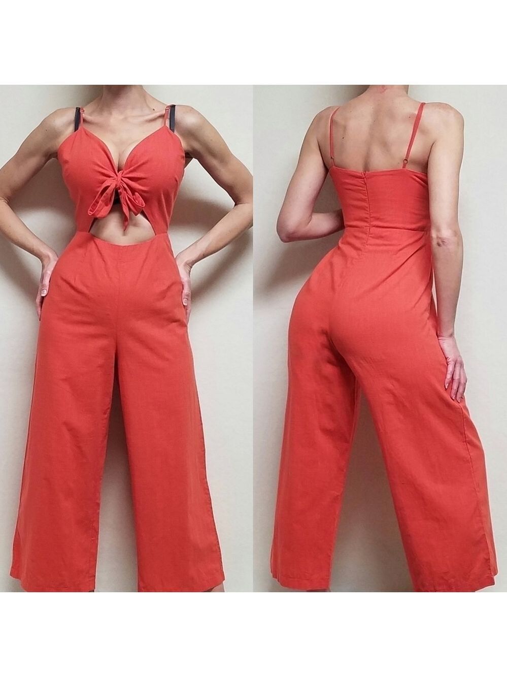 LÁTISTE Coral Cotton Knit Tie-Front Spaghetti Strap Ankle Cropped Jumpsuit L